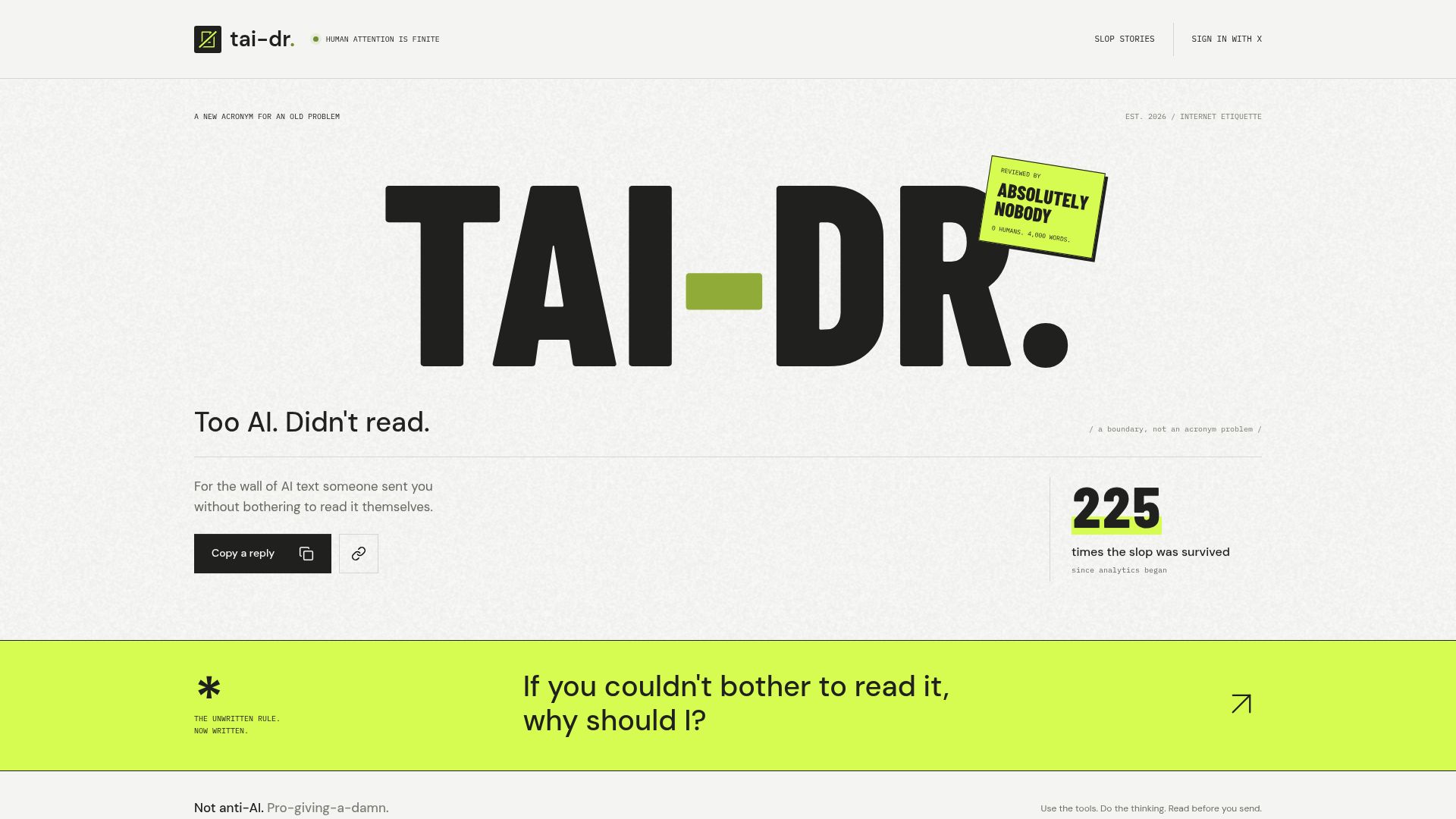 Screenshot of tai-dr.com: Too AI; Didn't Read