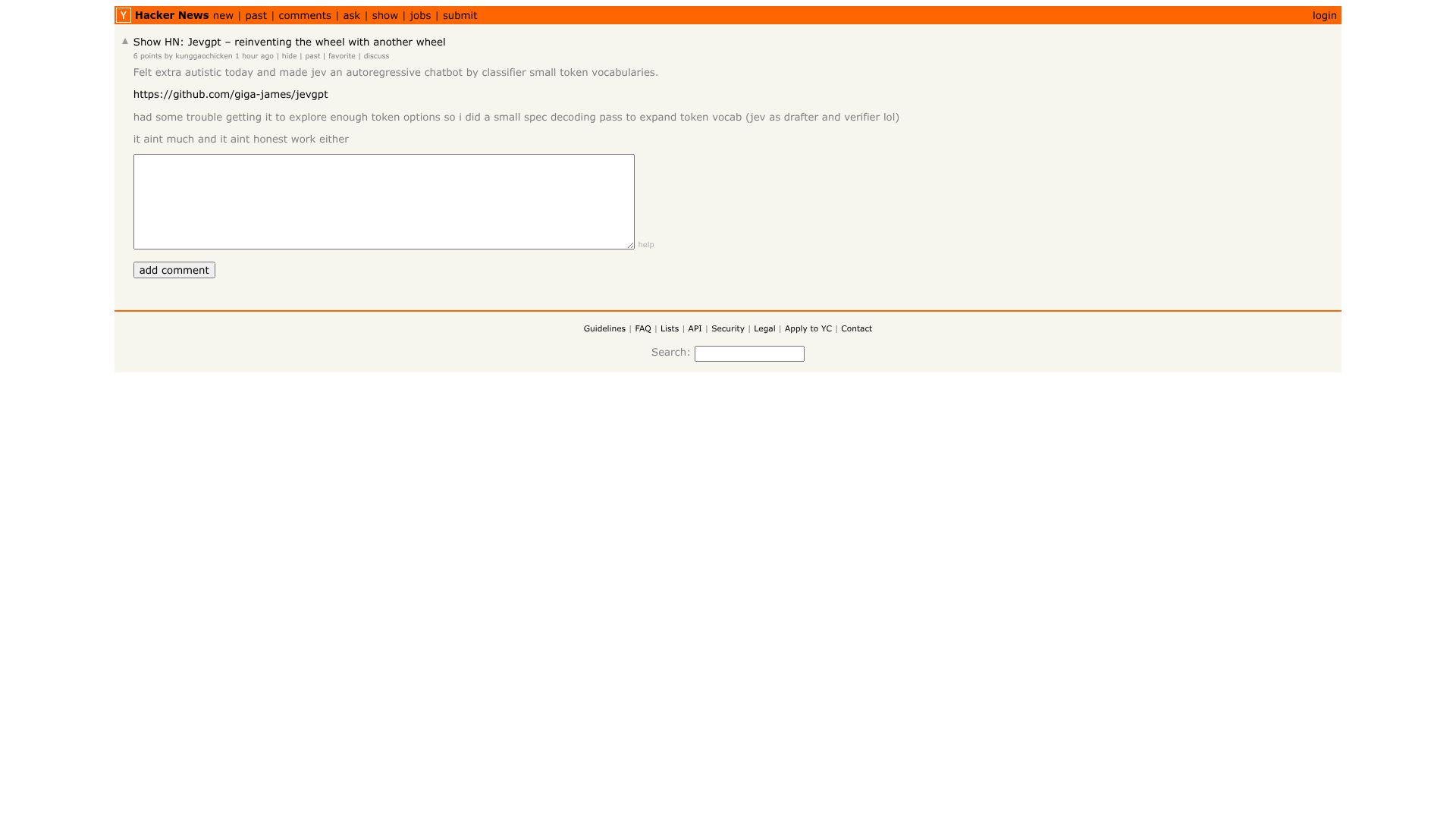 Screenshot of this Hacker News post: Show HN: Jevgpt – reinventing the wheel with another wheel