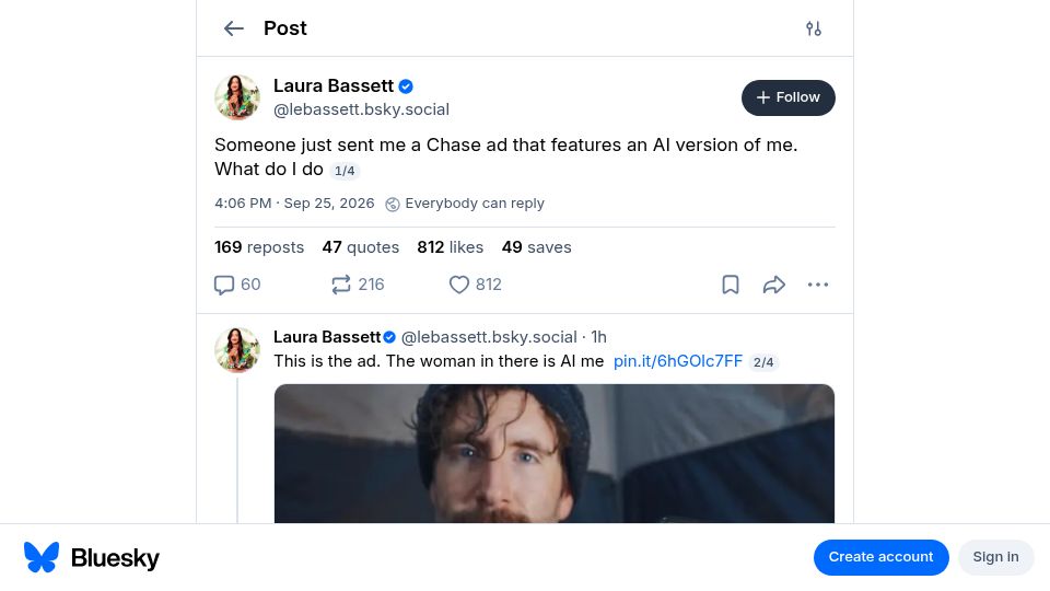 Screenshot of bsky.app: "Someone just sent me an ad that features an AI version of me. What do I do?"