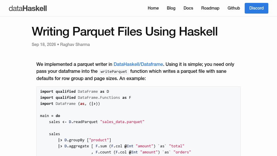 Screenshot of datahaskell.org: Writing Parquet files using Haskell