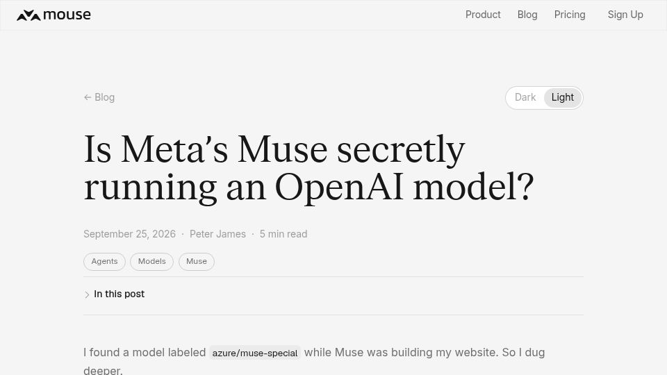 Screenshot of mouse.dev: Meta's Muse appears to use an OpenAI model labeled muse-special
