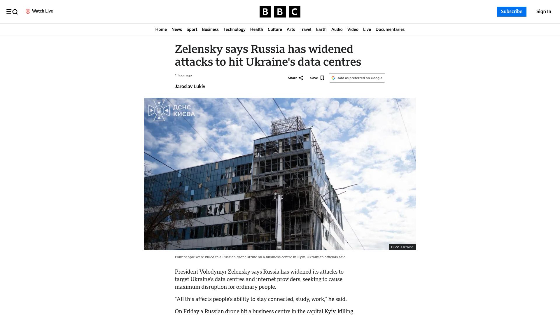 Screenshot of bbc.com: Zelensky says Russia has widened attacks to hit Ukraine's data centres