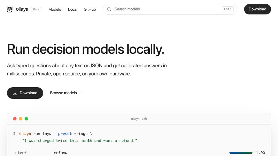 Screenshot of ollaya.dev: Ollaya – Ollama for open-source, Jev-style decision models