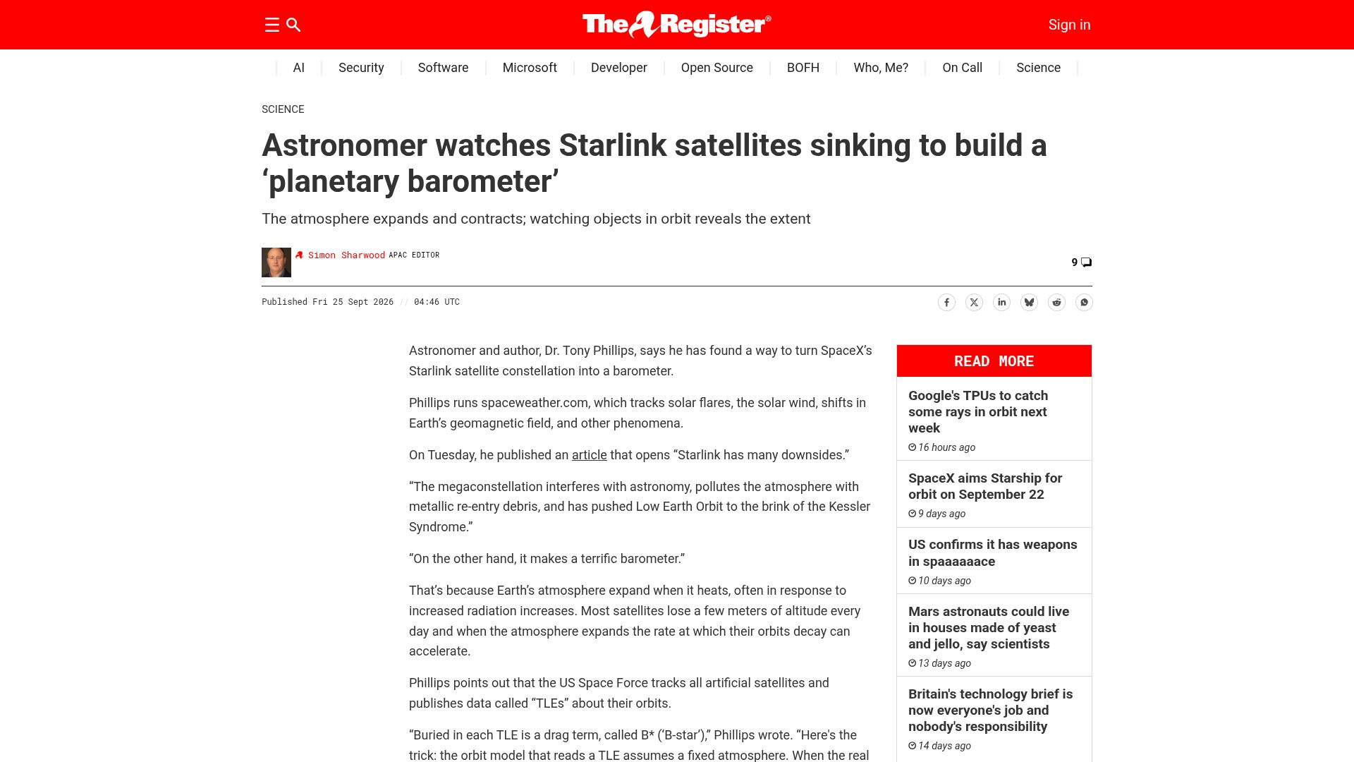 Screenshot of theregister.com: Astronomer watches Starlink satellites sinking to build a 'planetary barometer'