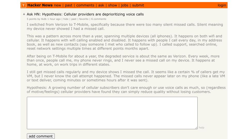 Screenshot of Hacker News post: Ask HN: Hypothesis: Cellular providers are deprioritizing voice calls?