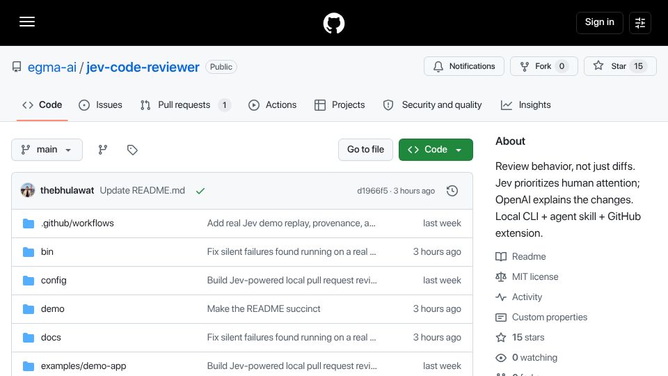 Screenshot of github.com: Jev Based Code Review