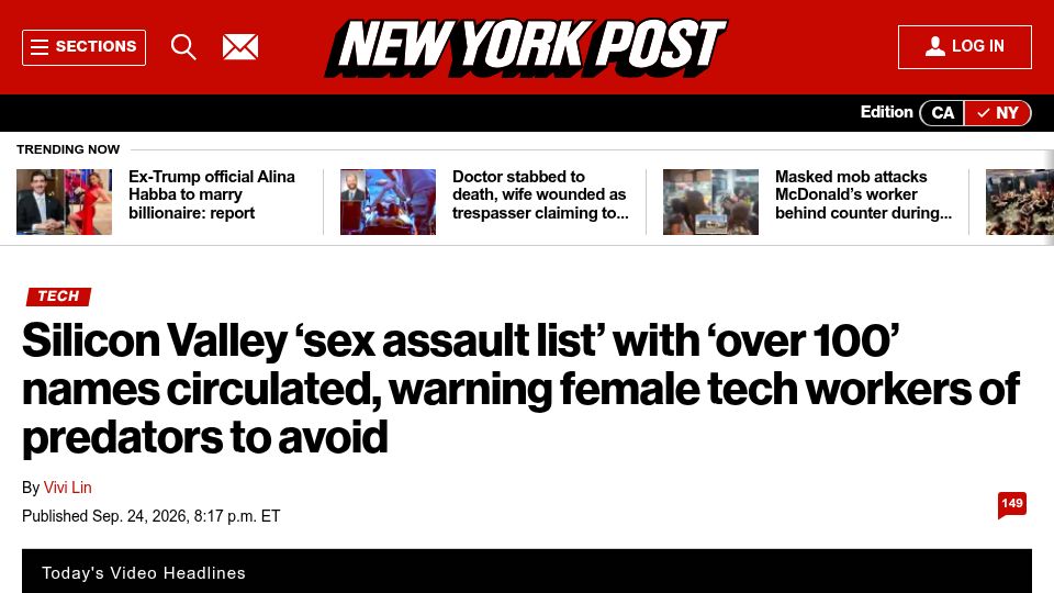 Screenshot of nypost.com: Silicon Valley 'sex assault list' with 'over 100' names circulated