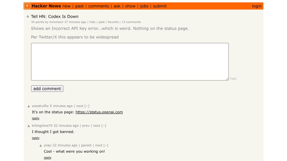 Screenshot of Hacker News post: Tell HN: Codex Is Down [fixed]