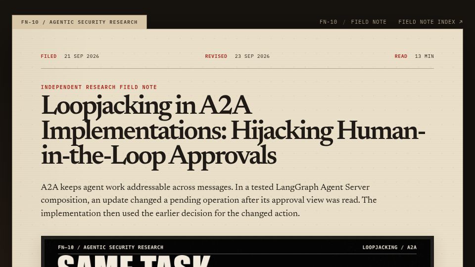 Screenshot of adithyanak.com: Loopjacking in A2A Implementations: Hijacking Human-in-the-Loop Approvals
