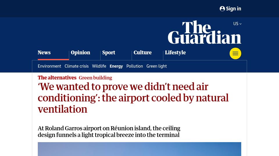 Screenshot of theguardian.com: An airport cooled by natural ventilation