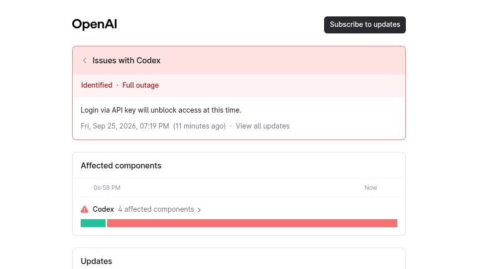 Screenshot of status.openai.com: Issues with Codex – Identified – Full Outage