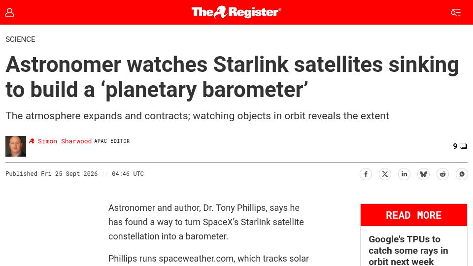 Screenshot of theregister.com: Astronomer watches Starlink satellites sinking to build a 'planetary barometer'