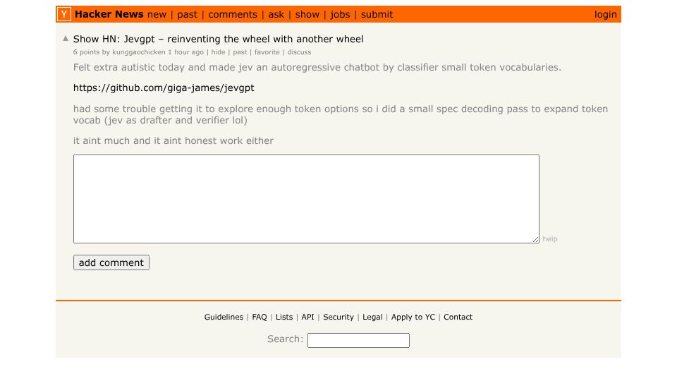 Screenshot of Hacker News post: Show HN: Jevgpt – reinventing the wheel with another wheel