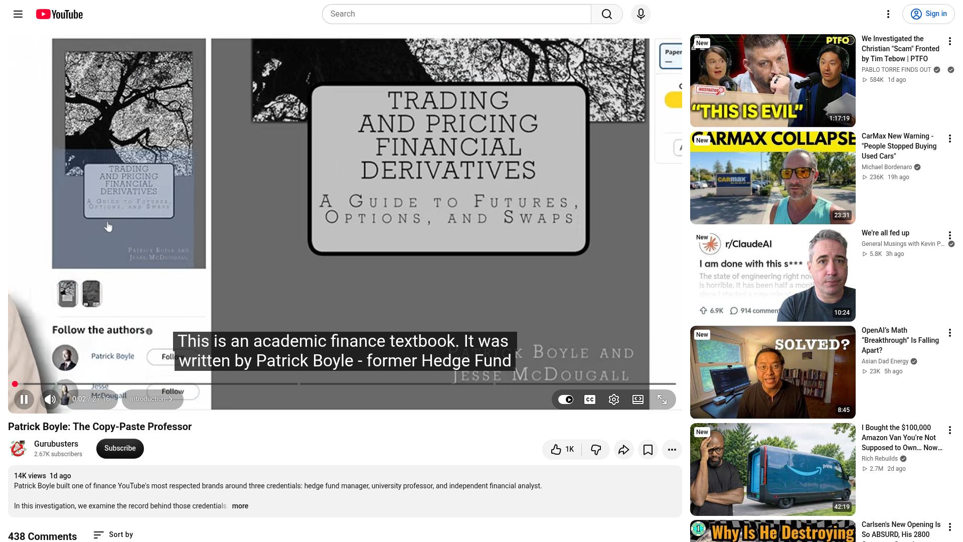 Screenshot of youtube.com: Patrick Boyle: The Copy-Paste Professor