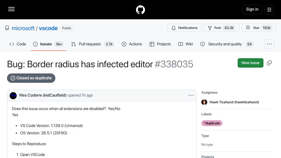 Screenshot of github.com: Bug: Border radius has infected VSCode editor