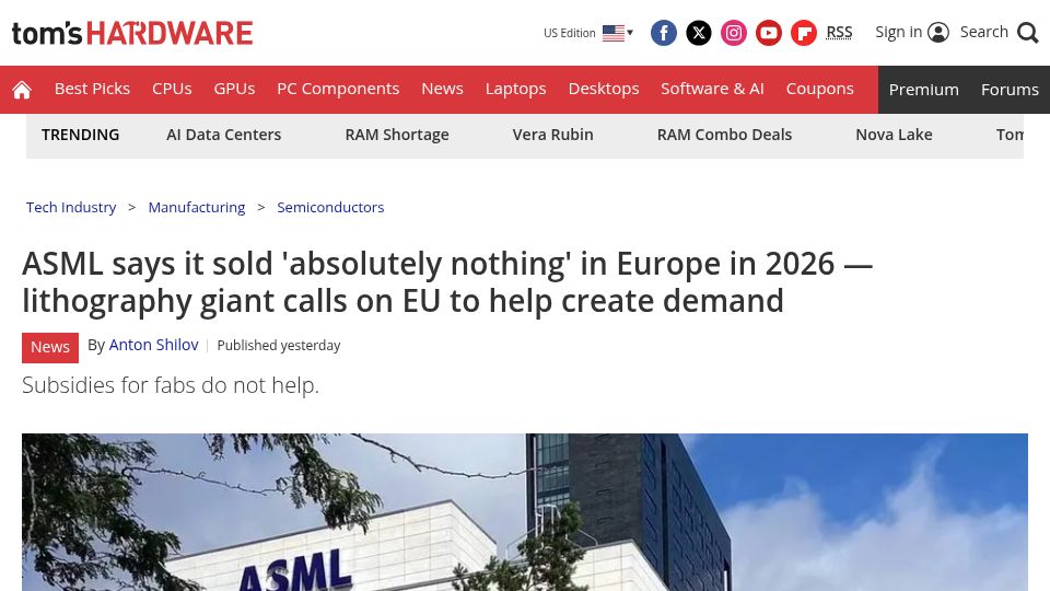 Screenshot of tomshardware.com: ASML says it sold 'absolutely nothing' in Europe in 2026