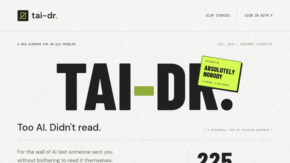 Screenshot of tai-dr.com: Too AI; Didn't Read