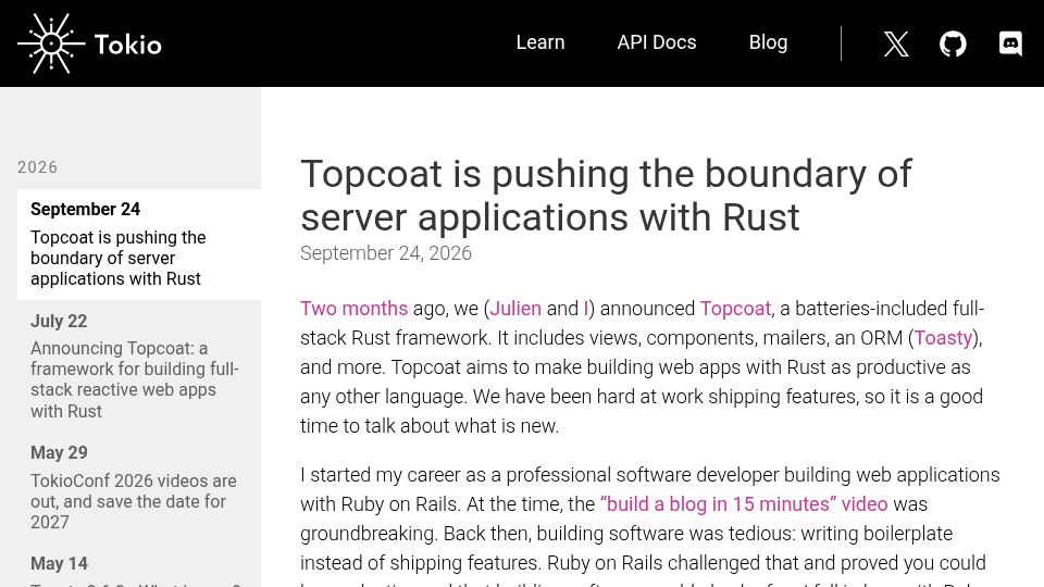 Screenshot of tokio.rs: Topcoat is pushing the boundary of server applications with Rust