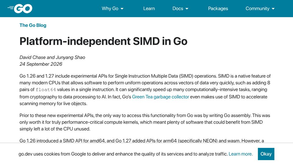 Screenshot of go.dev: Platform-independent SIMD in Go