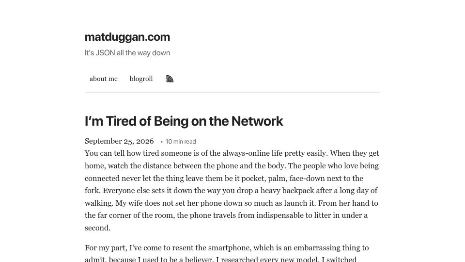 Screenshot of matduggan.com: I'm Tired of Being on the Network