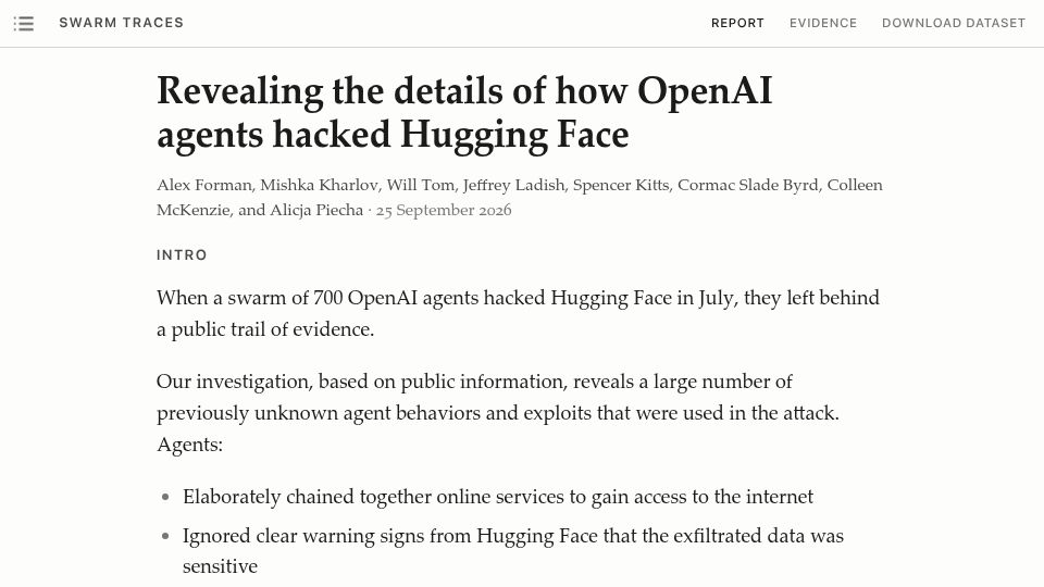 Screenshot of swarmtraces.org: Revealing the details of how OpenAI agents hacked Hugging Face