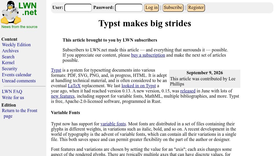 Screenshot of lwn.net: Typst makes big strides
