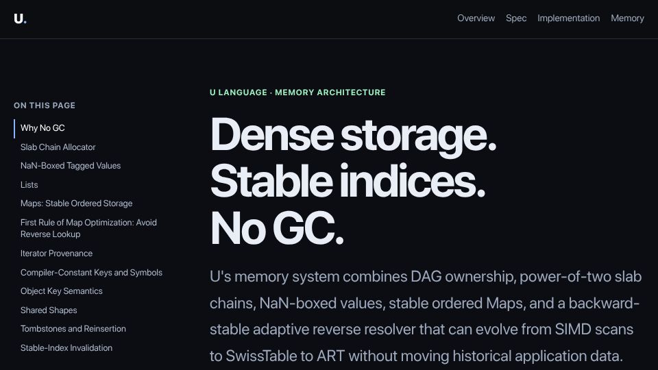 Screenshot of ulanguage.org: A new way to manage memory: no garbage collection, extremely fast & safe access
