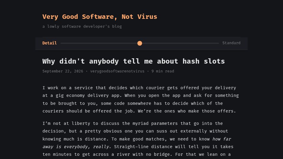 Screenshot of blog.verygoodsoftwarenotvirus.dev: Why didn't anybody tell me about Redis hash slots?