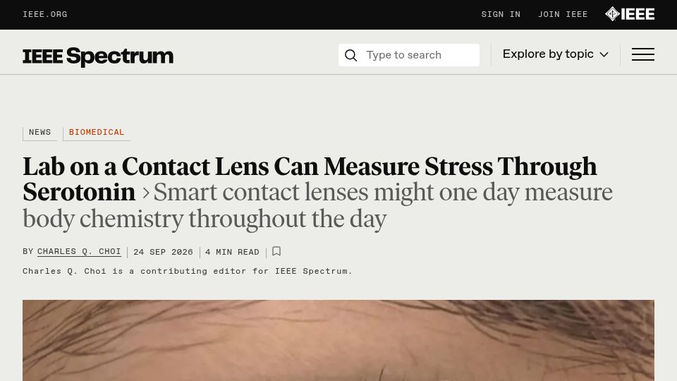Screenshot of spectrum.ieee.org: Lab on a Contact Lens Can Measure Stress Through Serotonin