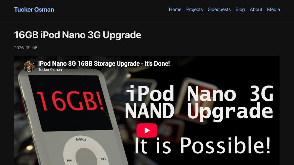 Screenshot of tuckerosman.com: 16GB iPod Nano 3G Upgrade