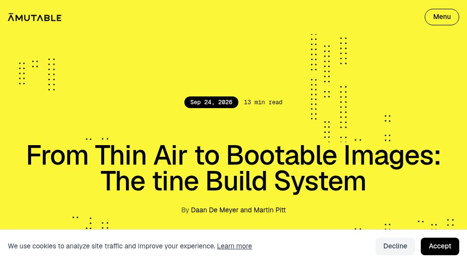 Screenshot of amutable.com: From Thin Air to Bootable Images: The Tine Build System