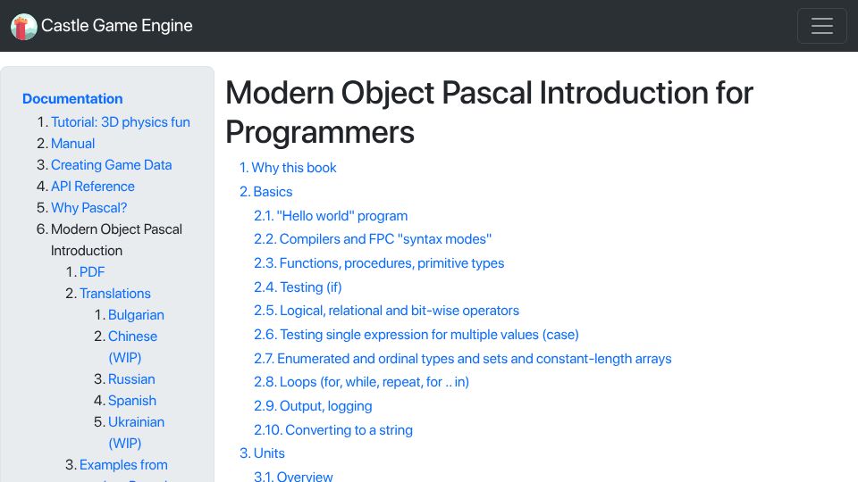Screenshot of castle-engine.io: Modern Object Pascal Introduction for Programmers