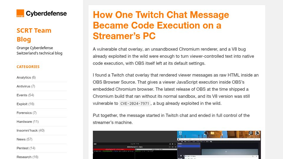 Screenshot of blog.scrt.ch: How one Twitch chat message became code execution on a streamer’s PC
