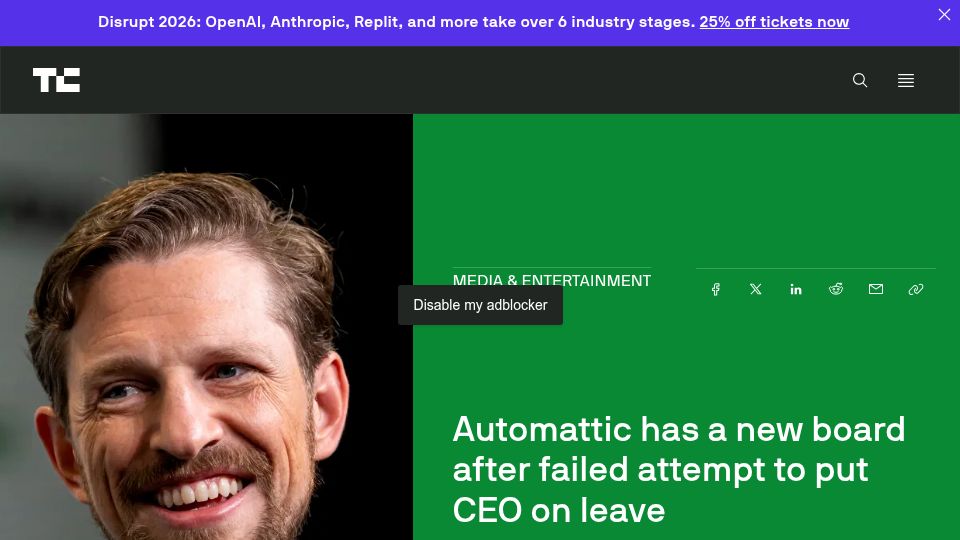 Screenshot of techcrunch.com: Automattic has a new board after failed attempt to put CEO on leave