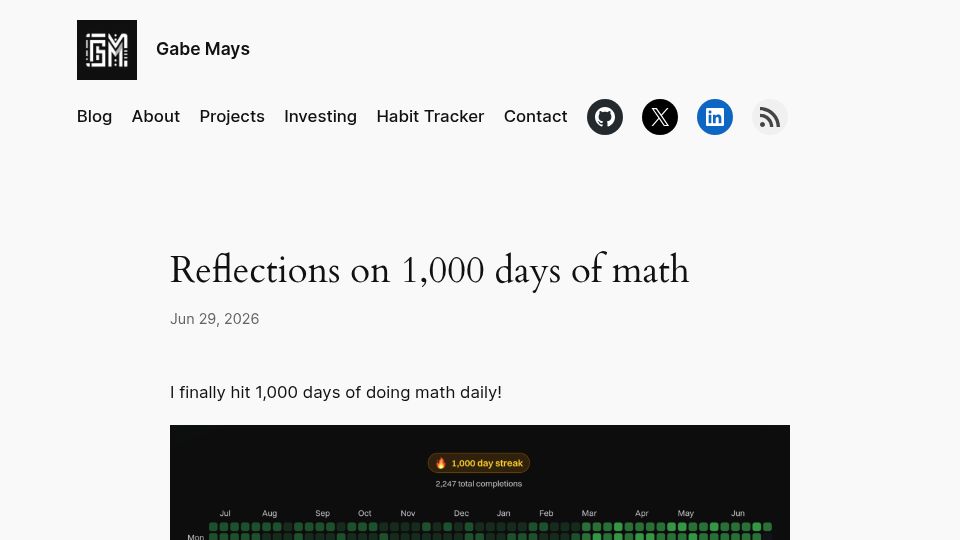 Screenshot of gmays.com: Reflections on 1,000 Days of Math