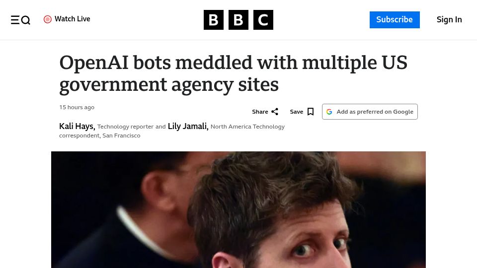 Screenshot of bbc.com: OpenAI bots meddled with multiple US Government agency sites
