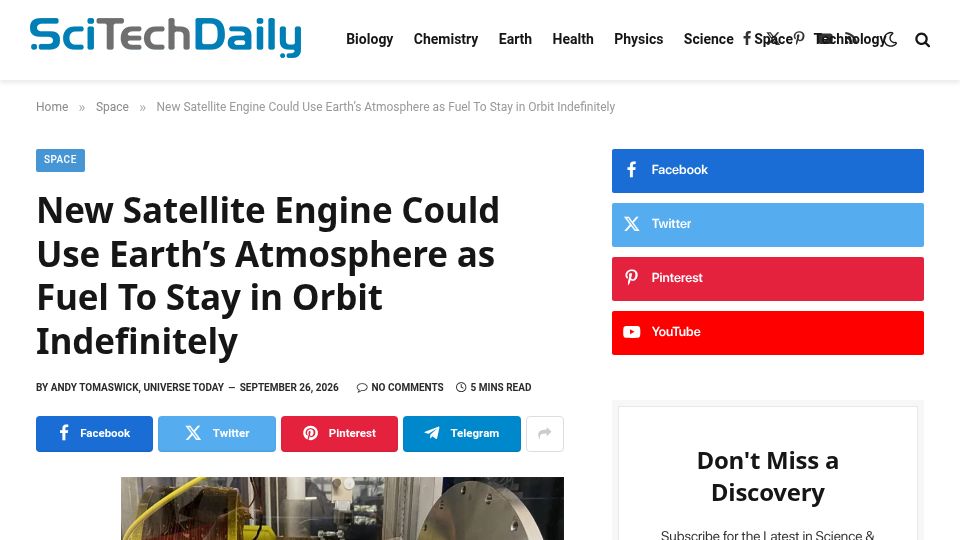 Screenshot of scitechdaily.com: New Satellite Engine Could Use Earth's Atmosphere to Stay in Orbit Indefinitely