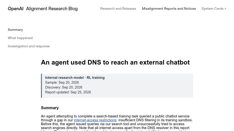 Screenshot of alignment.openai.com: An agent used DNS to reach an external chatbot