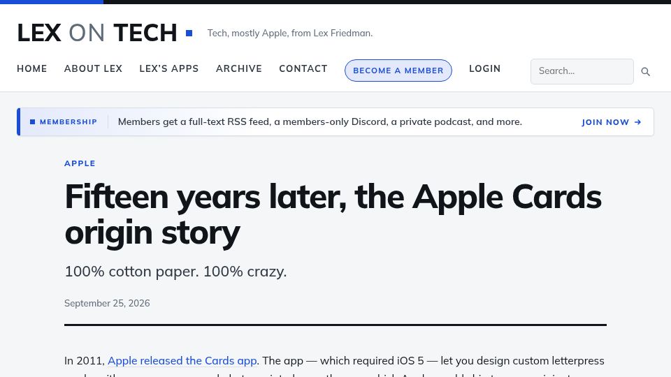 Screenshot of lexontech.org: Fifteen years later, the Apple Cards origin story