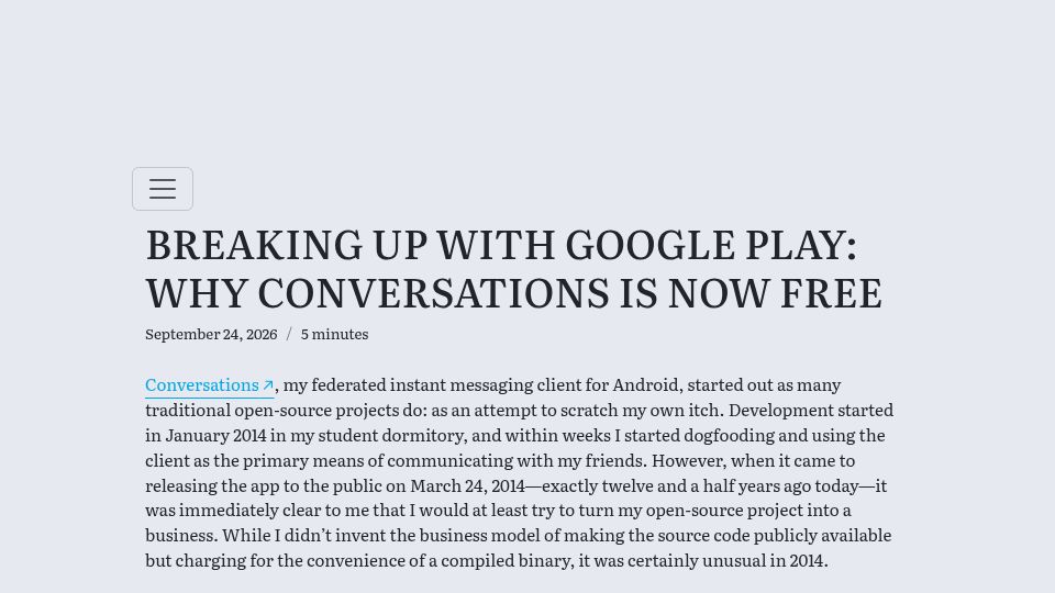 Screenshot of gultsch.de: Breaking Up with Google Play: Why Conversations Is Now Free