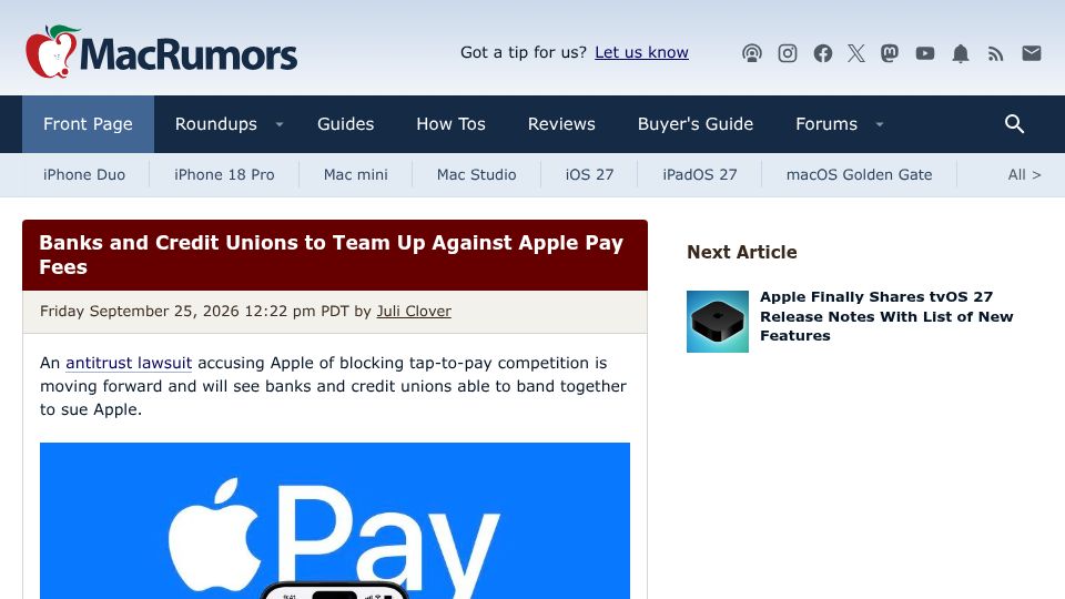 Screenshot of macrumors.com: Banks and Credit Unions to Team Up Against Apple Pay Fees