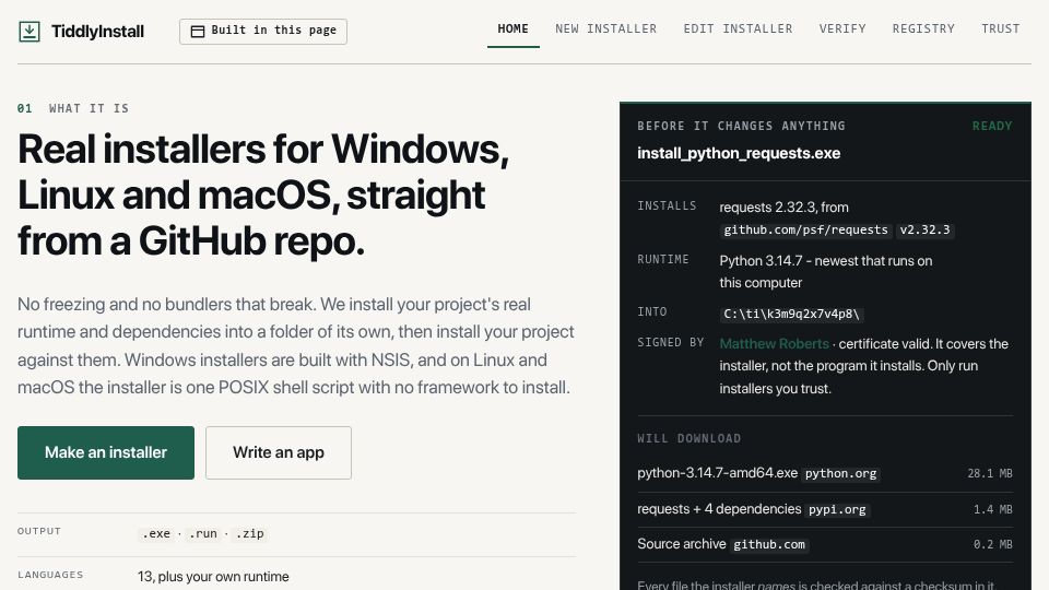 Screenshot of robertsdotpm.github.io: TiddlyInstall: A universal, reusable, install system