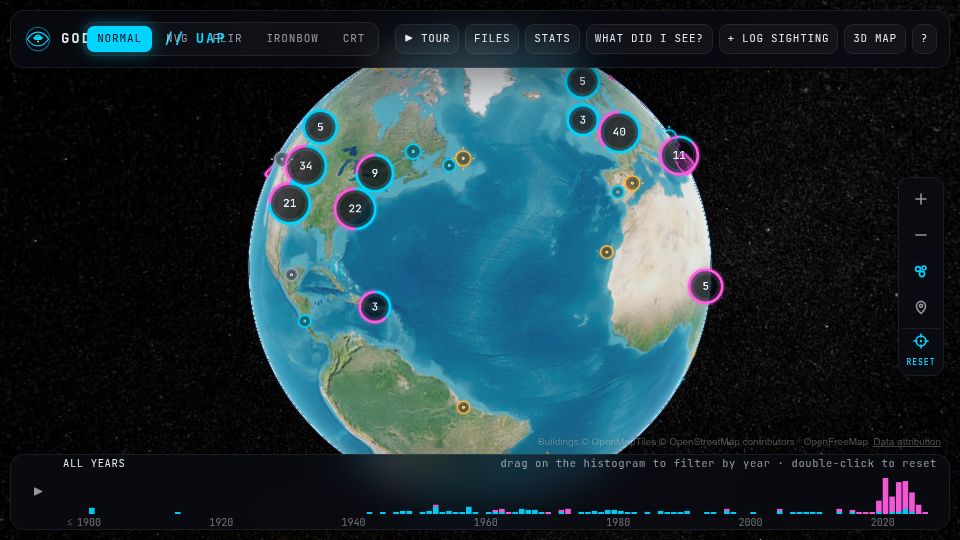 Screenshot of domw99.github.io: God's Eye UAP – documented UFO cases on a 3D globe, with the evidence