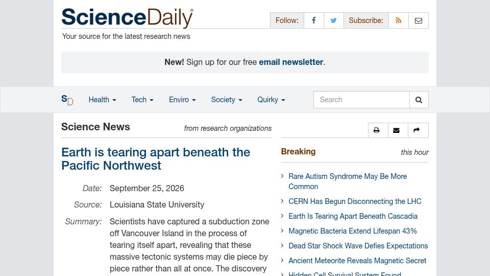 Screenshot of sciencedaily.com: Earth is tearing apart beneath the Pacific Northwest