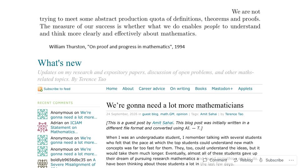 Screenshot of terrytao.wordpress.com: We're gonna need a lot more mathematicians