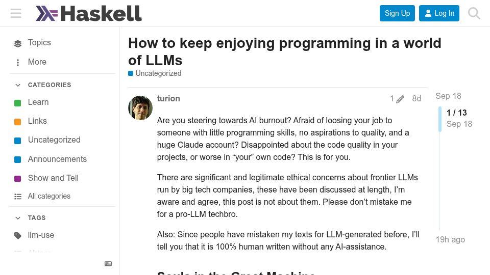 Screenshot of discourse.haskell.org: How to keep enjoying programming in a world of LLMs
