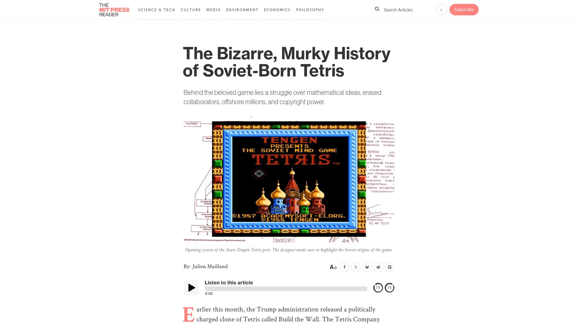 Screenshot of thereader.mitpress.mit.edu: The Murky History of Soviet-Born Tetris