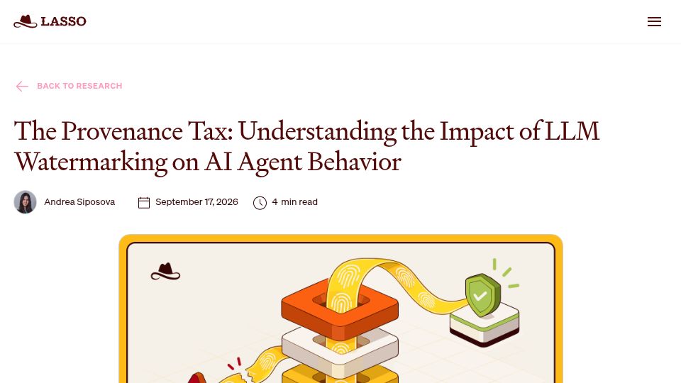 Screenshot of lasso.security: Understanding the Impact of LLM Watermarking on AI Agent Behavior