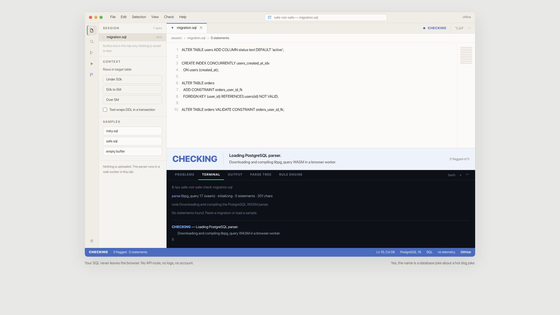Screenshot of safenotsafe.dev: Is your Postgres migration safe or not safe?