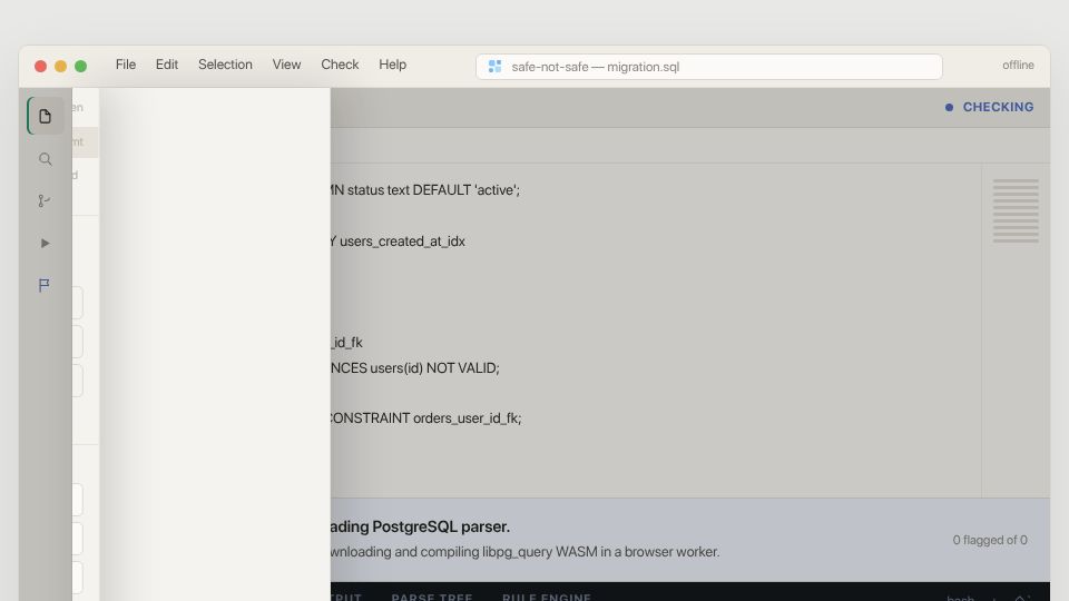 Screenshot of safenotsafe.dev: Is your Postgres migration safe or not safe?